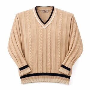 VTG 90s The Fox Collection Cable Knit V Neck Tennis Sweater Men XL Oatmeal Ivy